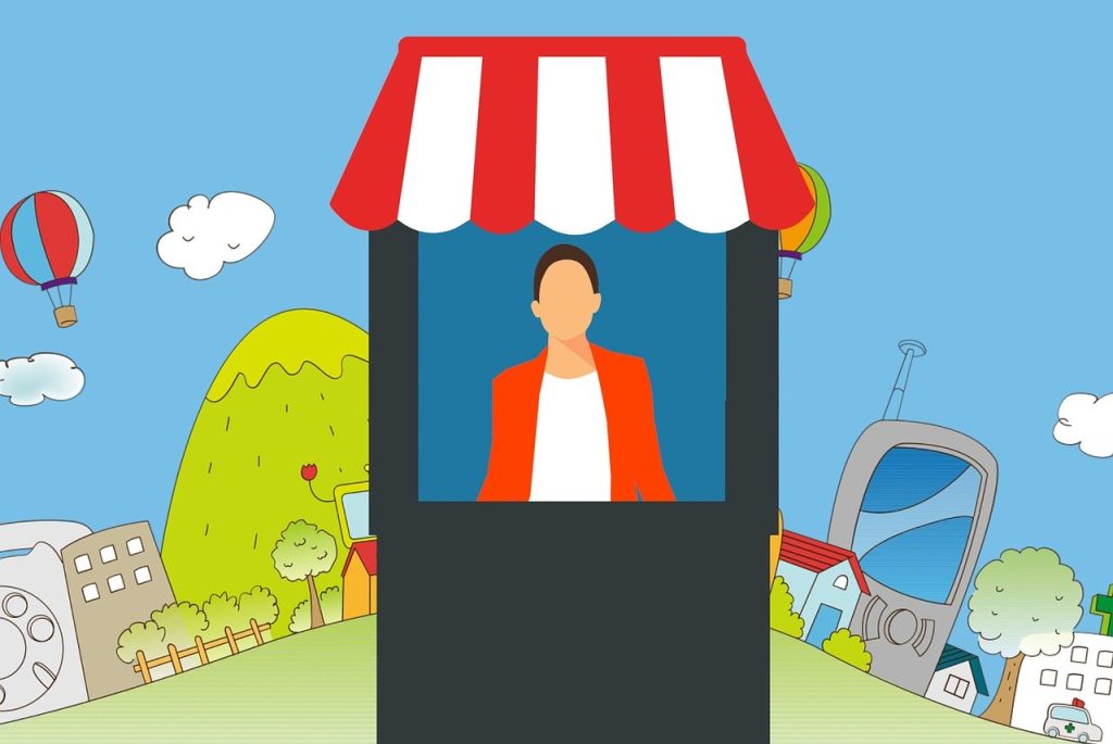 Cartoon of a person standing in front of a store, looking at the entrance with a friendly expression