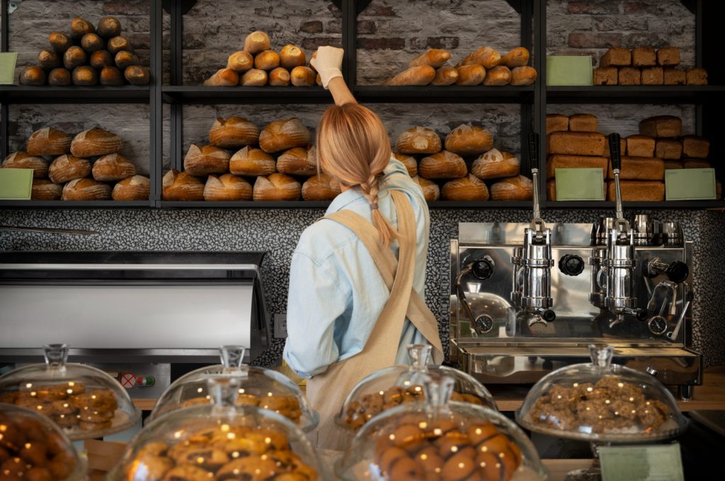 Baker reaches for fresh bread in a rustic bakery with pastries and coffee machine in foreground