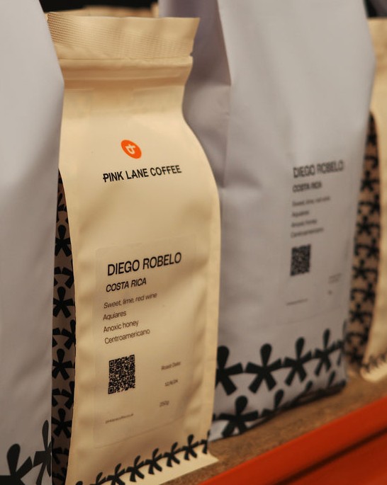 Pink Lane Coffee packaging featuring Diego Robelo Costa Rica blend with tasting notes and QR code