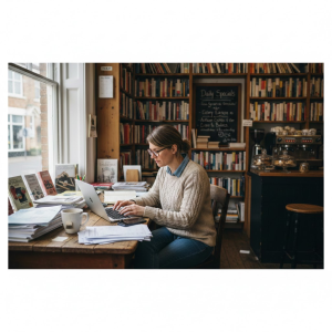 A woman seated at a desk, focused on her work, with a bookcase filled with books in the background