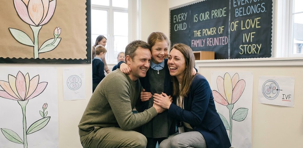 A smiling couple hug a young girl in a classroom decorated with IVF-themed posters